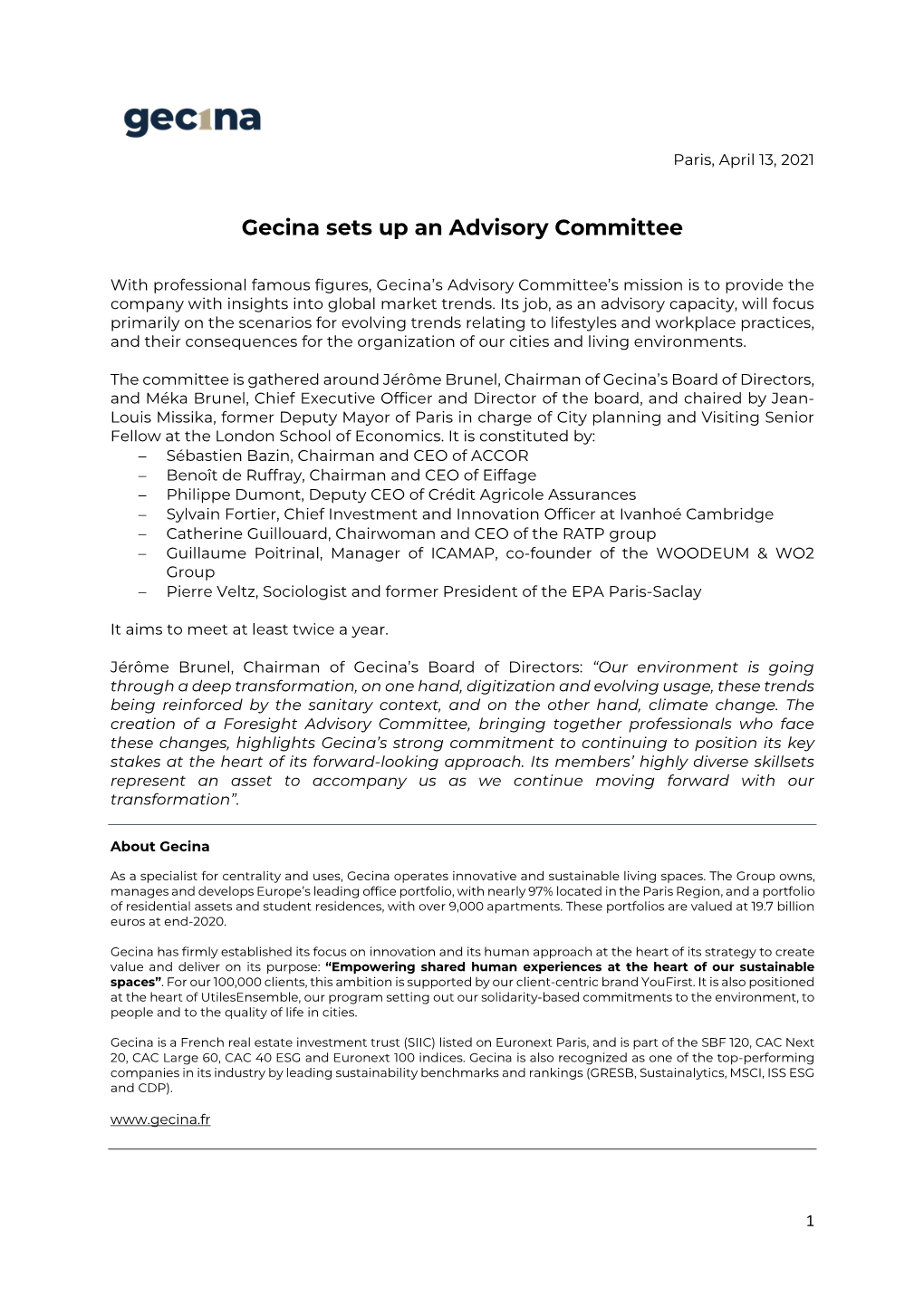 Gecina Sets up an Advisory Committee