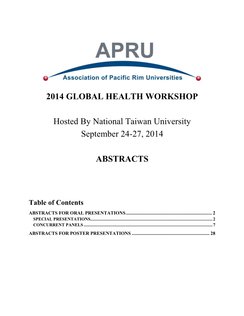 2014 GLOBAL HEALTH WORKSHOP Hosted by National Taiwan