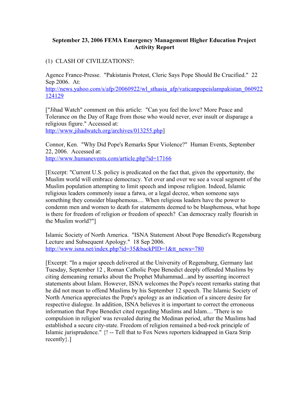 September 23, 2006 FEMA Emergency Management Higher Education Project Activity Report