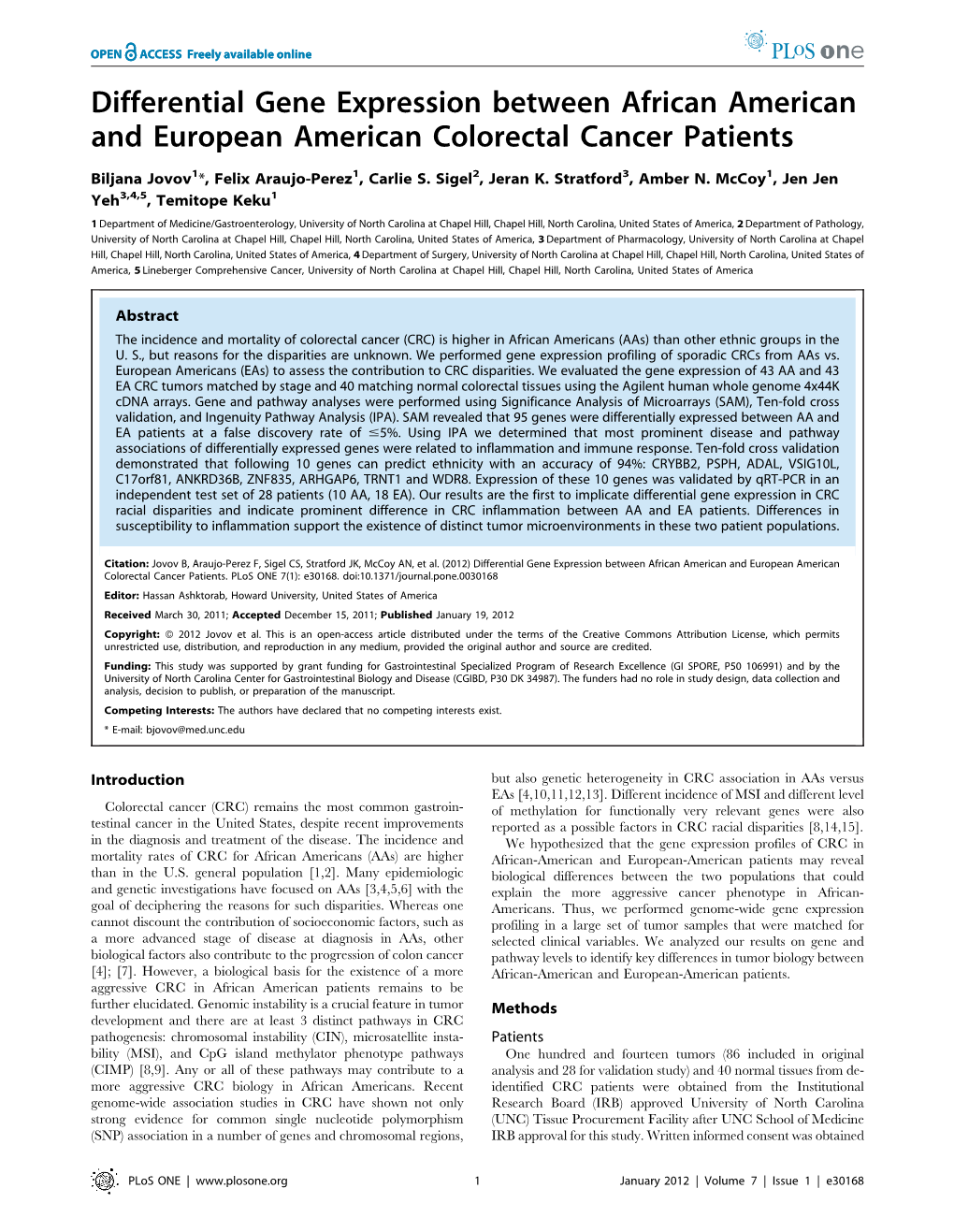 Differential Gene Expression Between African American and European American Colorectal Cancer Patients