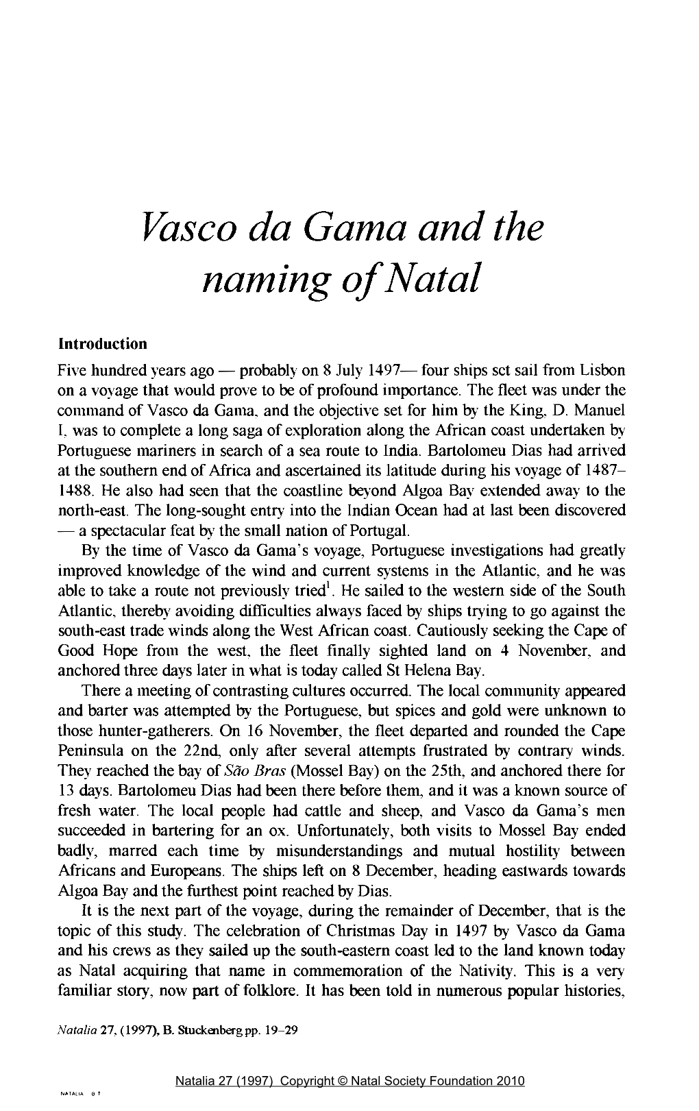 Vasco Da Gama and the Naming Ofnatal