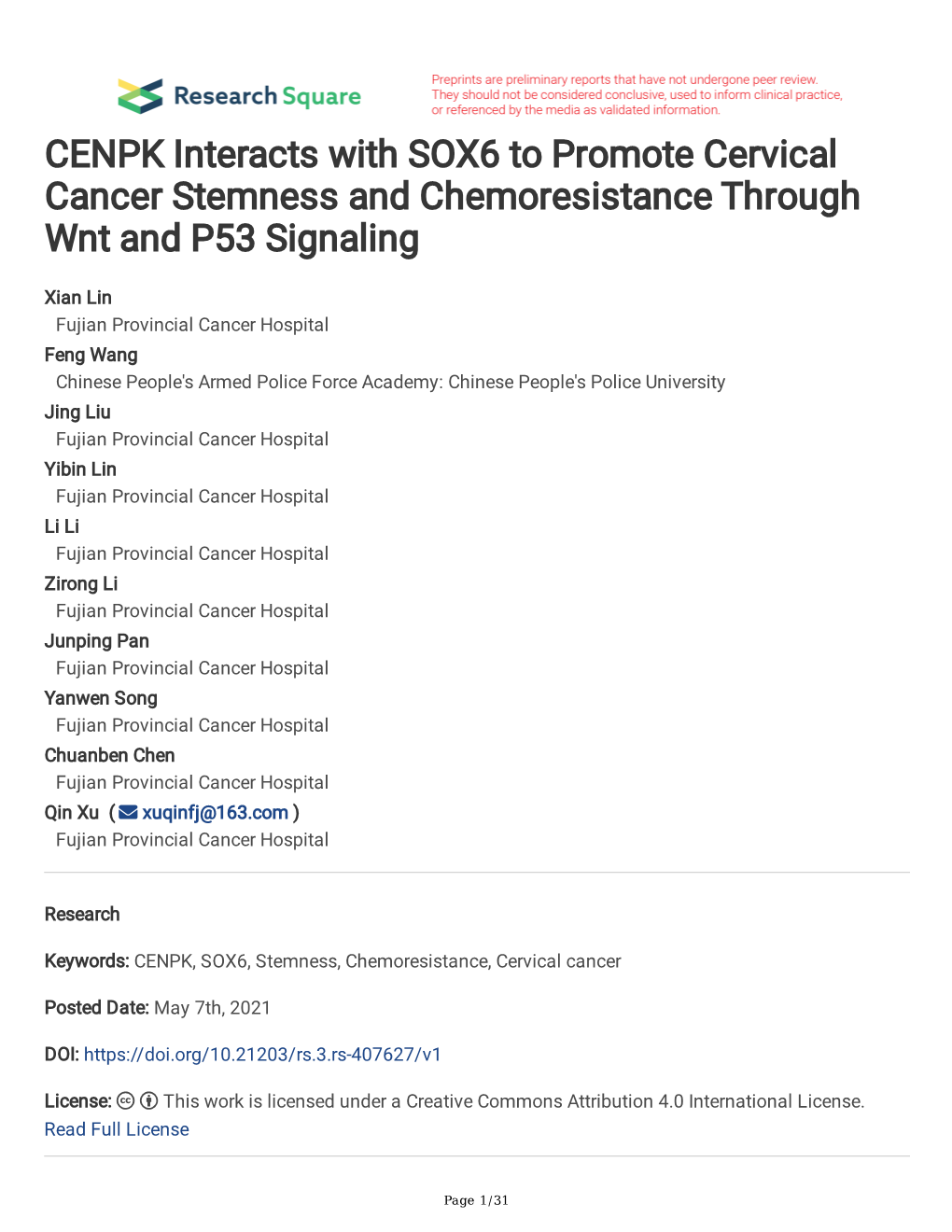 CENPK Interacts with SOX6 to Promote Cervical Cancer Stemness and Chemoresistance Through Wnt and P53 Signaling