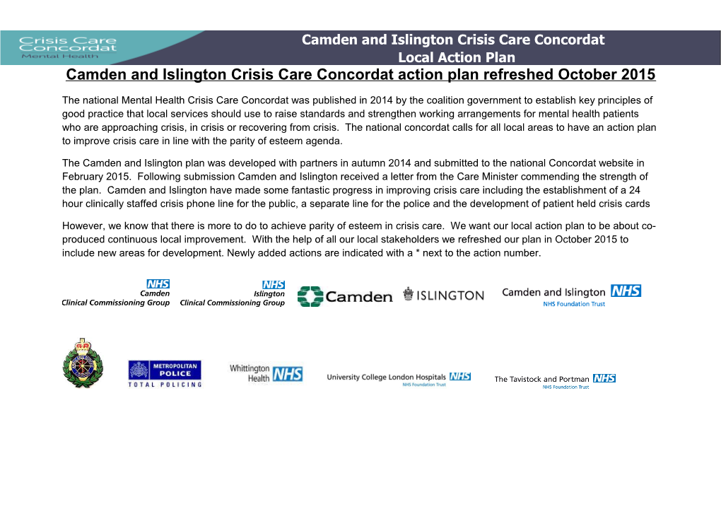 Camden and Islington Crisis Care Concordat Action Plan Refreshed October 2015