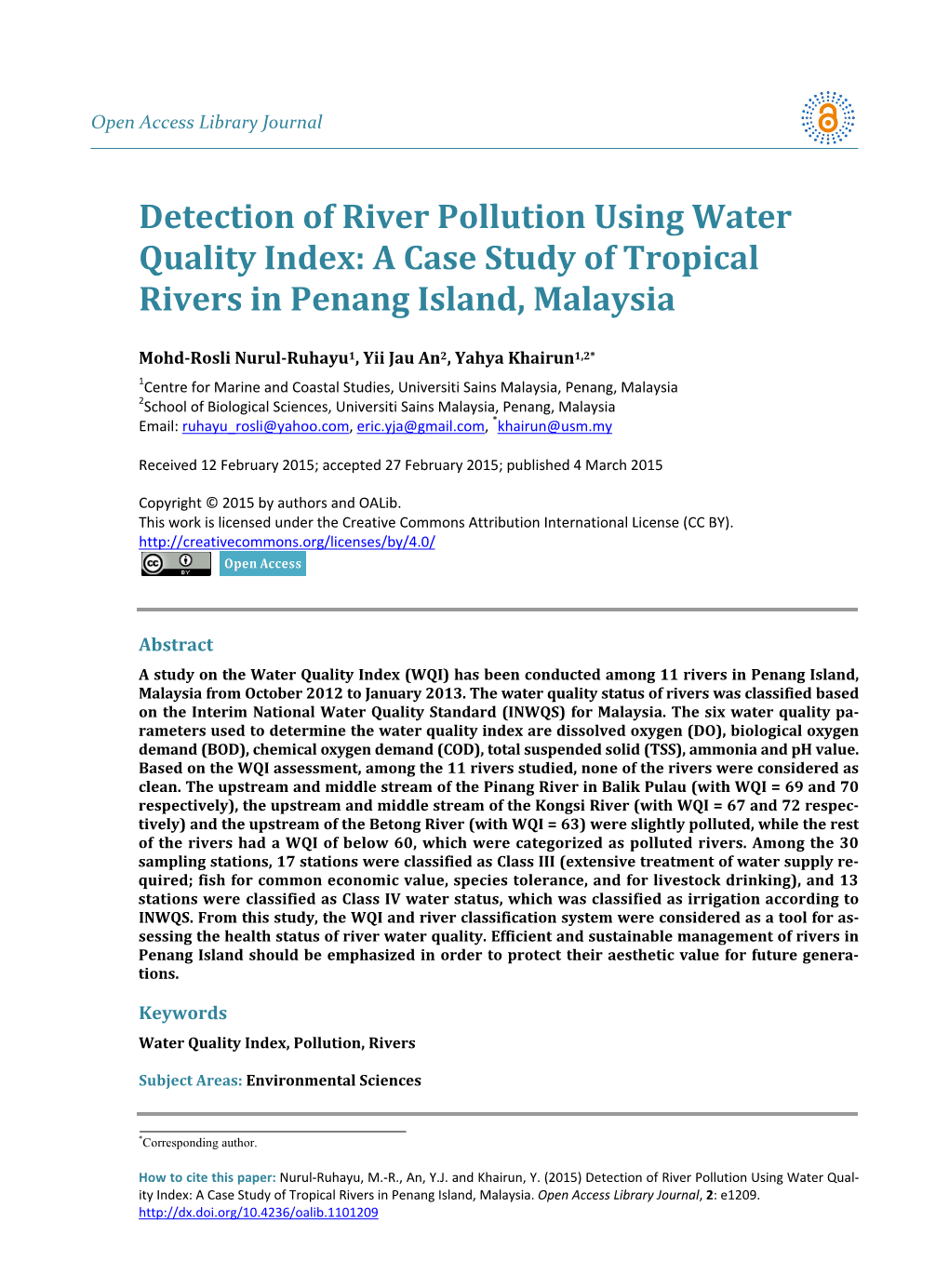 Detection of River Pollution Using Water Quality Index: a Case Study of Tropical Rivers in Penang Island, Malaysia