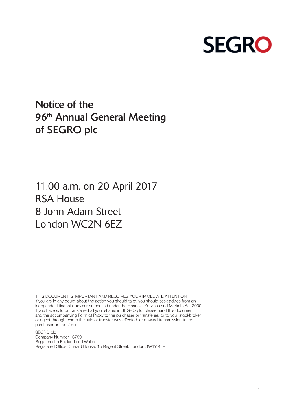 Notice of the 96Th Annual General Meeting of SEGRO Plc 11.00 A.M