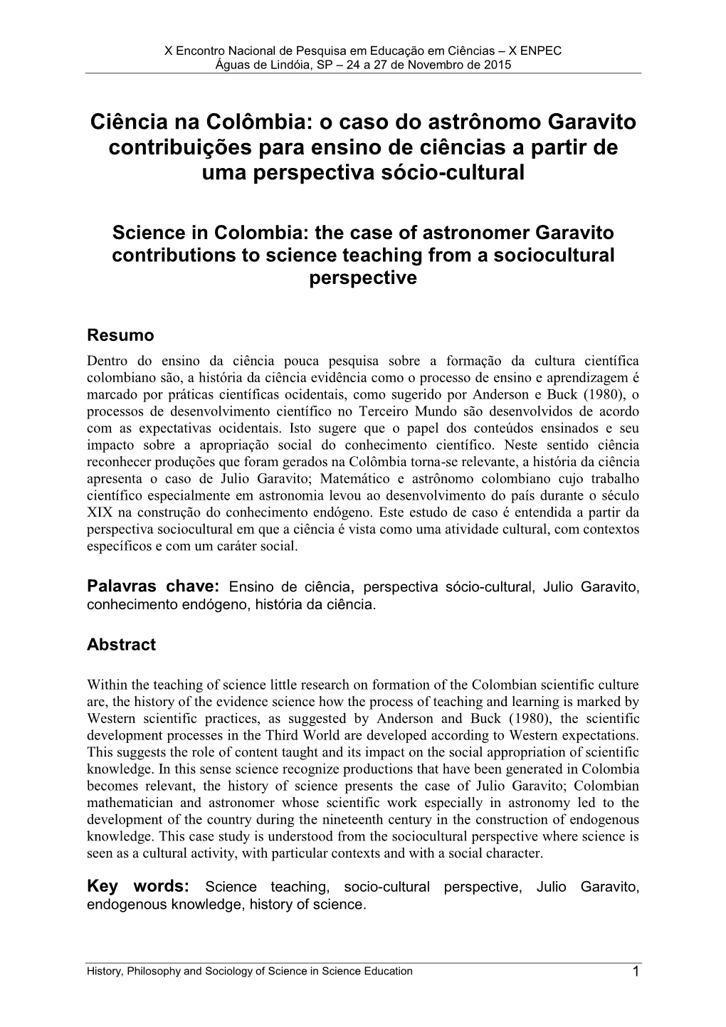The Case of Astronomer Garavito Contributions to Science Teaching from a Sociocultural Perspective