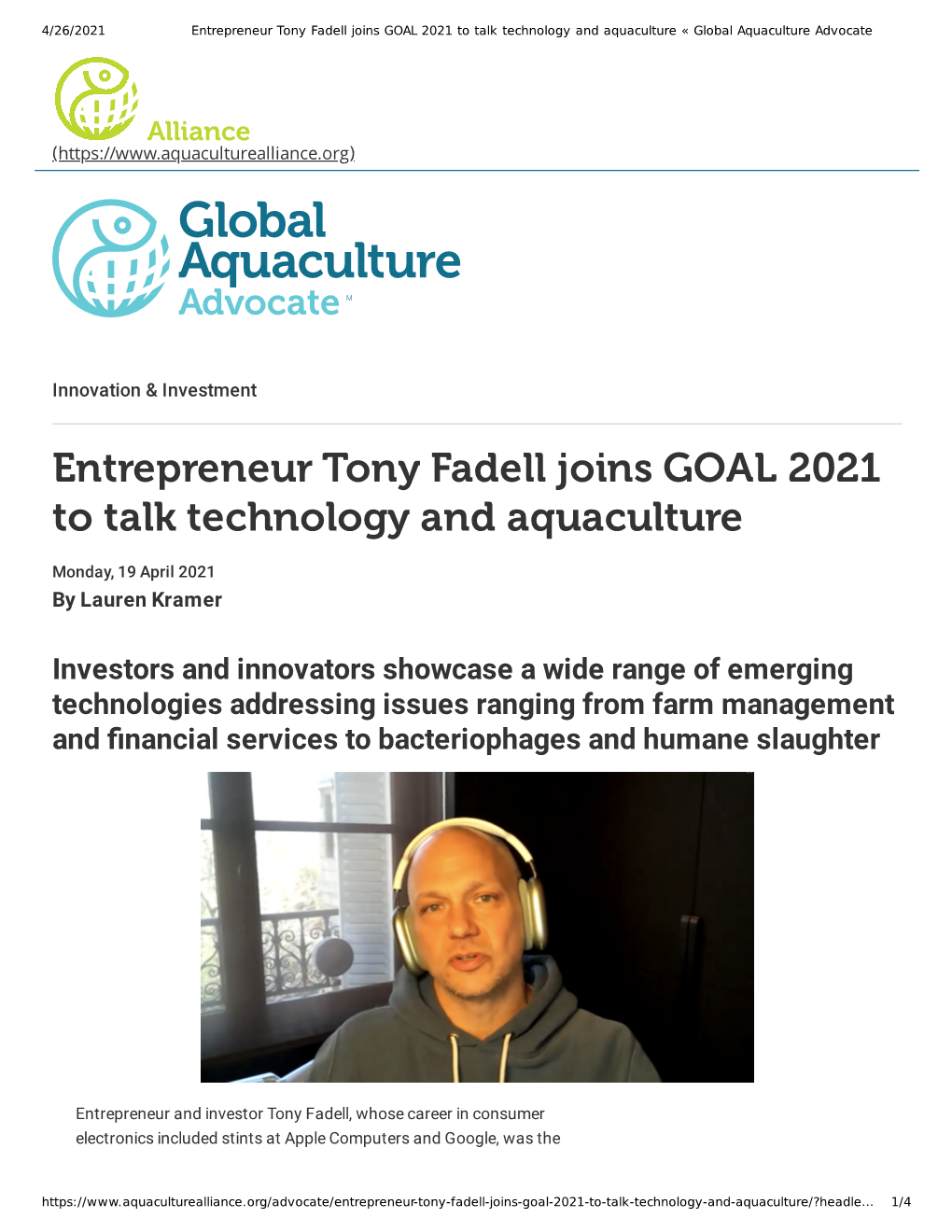 Entrepreneur Tony Fadell Joins GOAL 2021 to Talk Technology and Aquaculture « Global Aquaculture Advocate