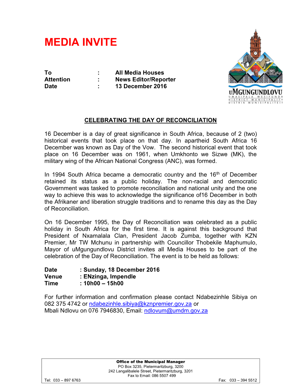 Media Invite Day of Reconciliation 2016