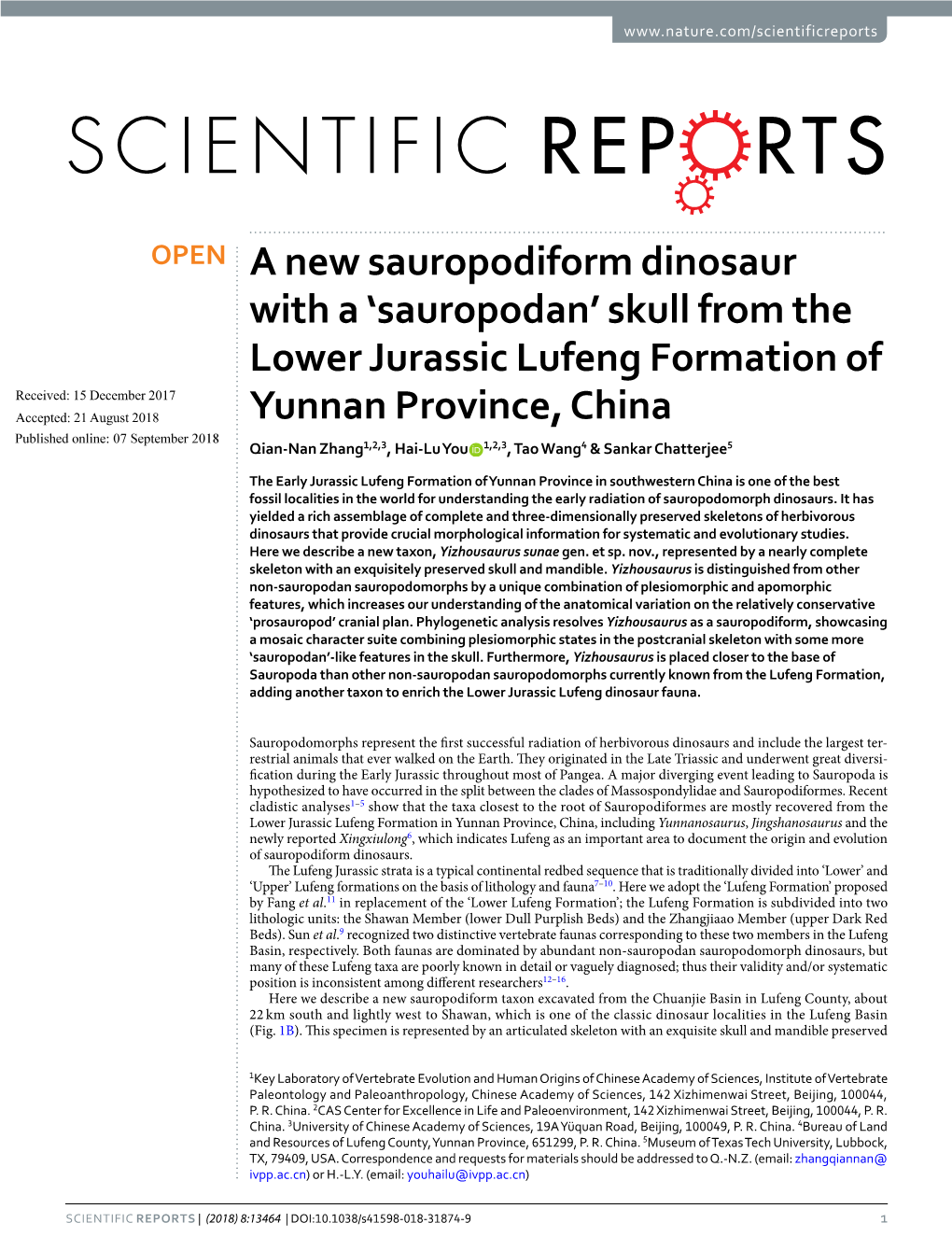 Skull from the Lower Jurassic Lufeng Formation of Yunnan Province, China