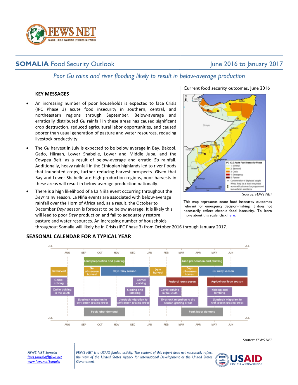 Somalia Food Security Outlook, June 2016 to January 2017