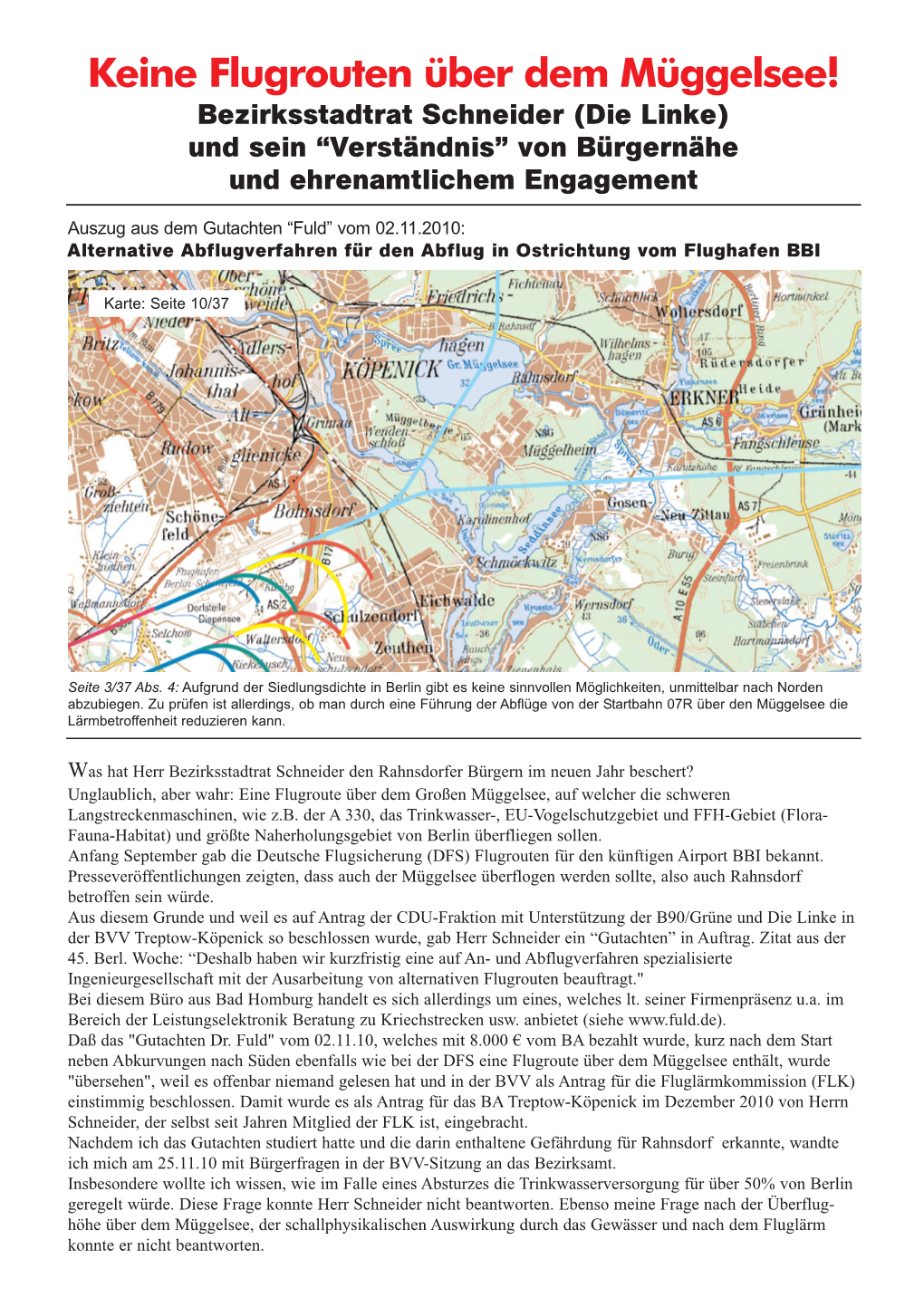 Keine Flugrouten Über Dem Müggelsee! Bezirksstadtrat Schneider (Die Linke) Und Sein “Verständnis” Von Bürgernähe Und Ehrenamtlichem Engagement