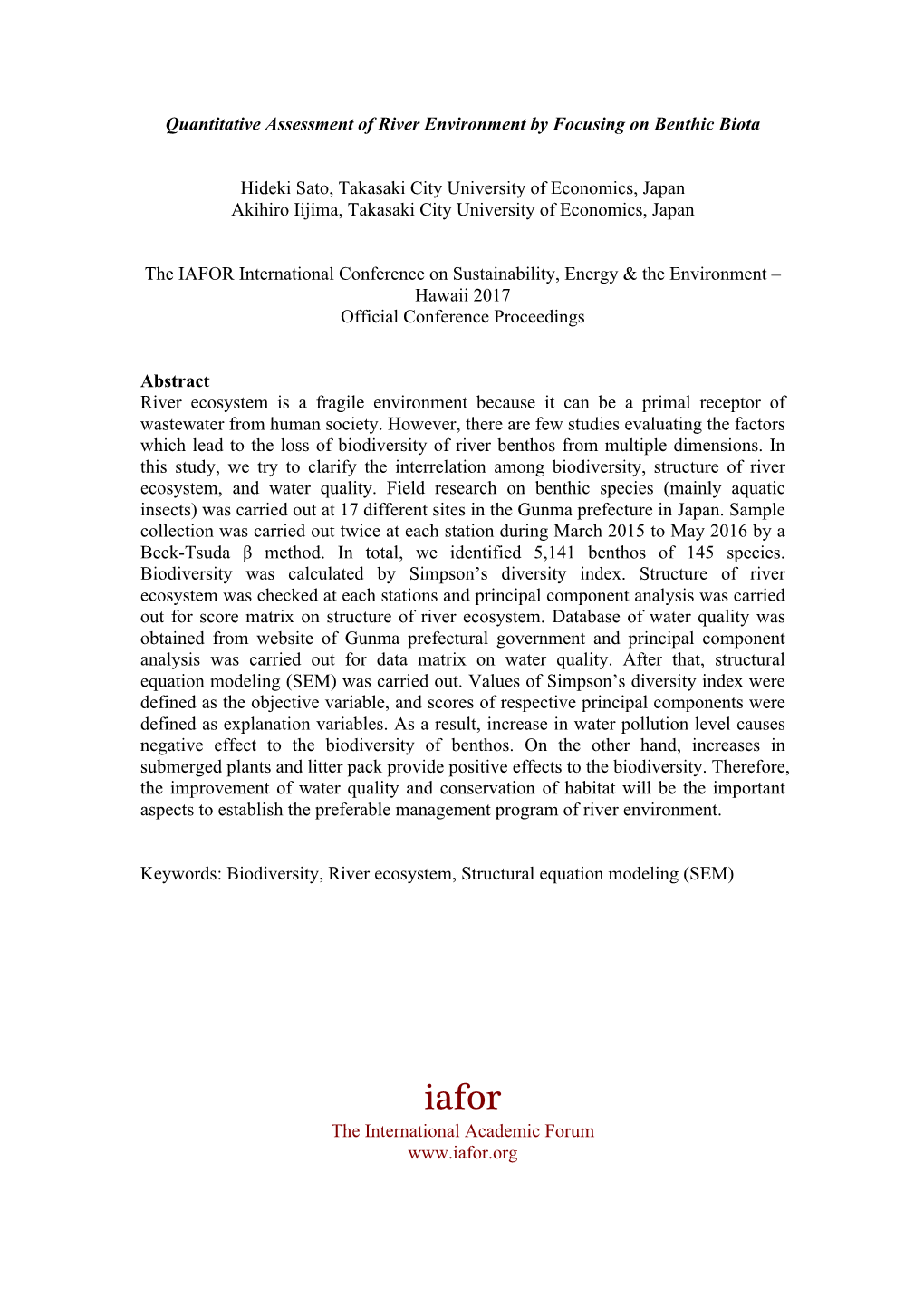 Quantitative Assessment of River Environment by Focusing on Benthic Biota