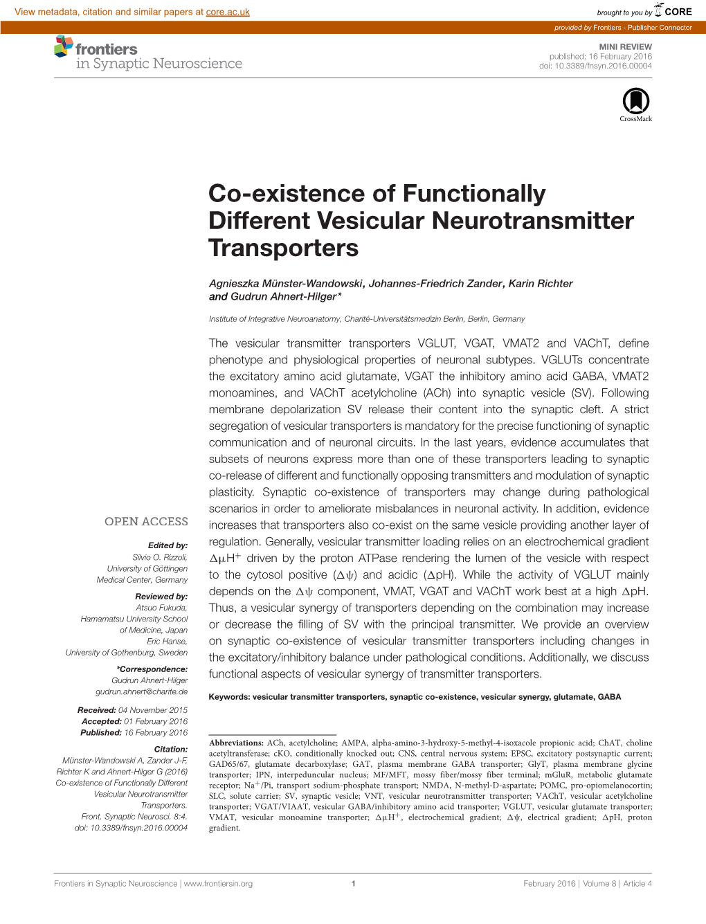 Co-Existence of Functionally Different Vesicular Neurotransmitter Transporters