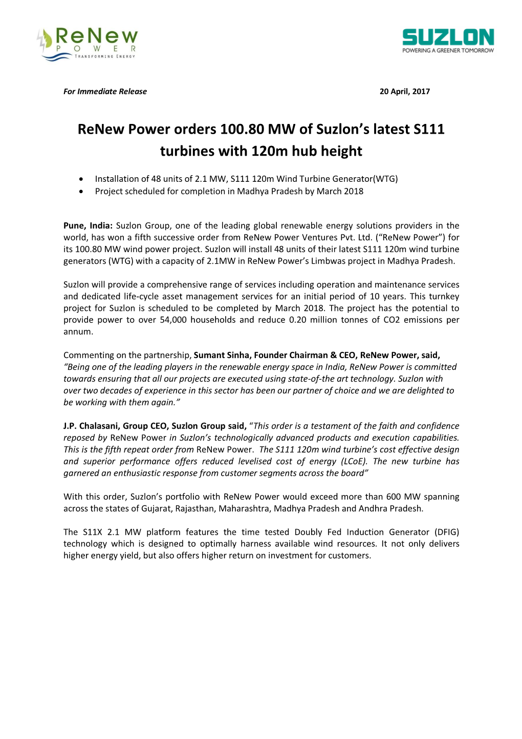Renew Power Orders 100.80 MW of Suzlon's Latest S111 Turbines With