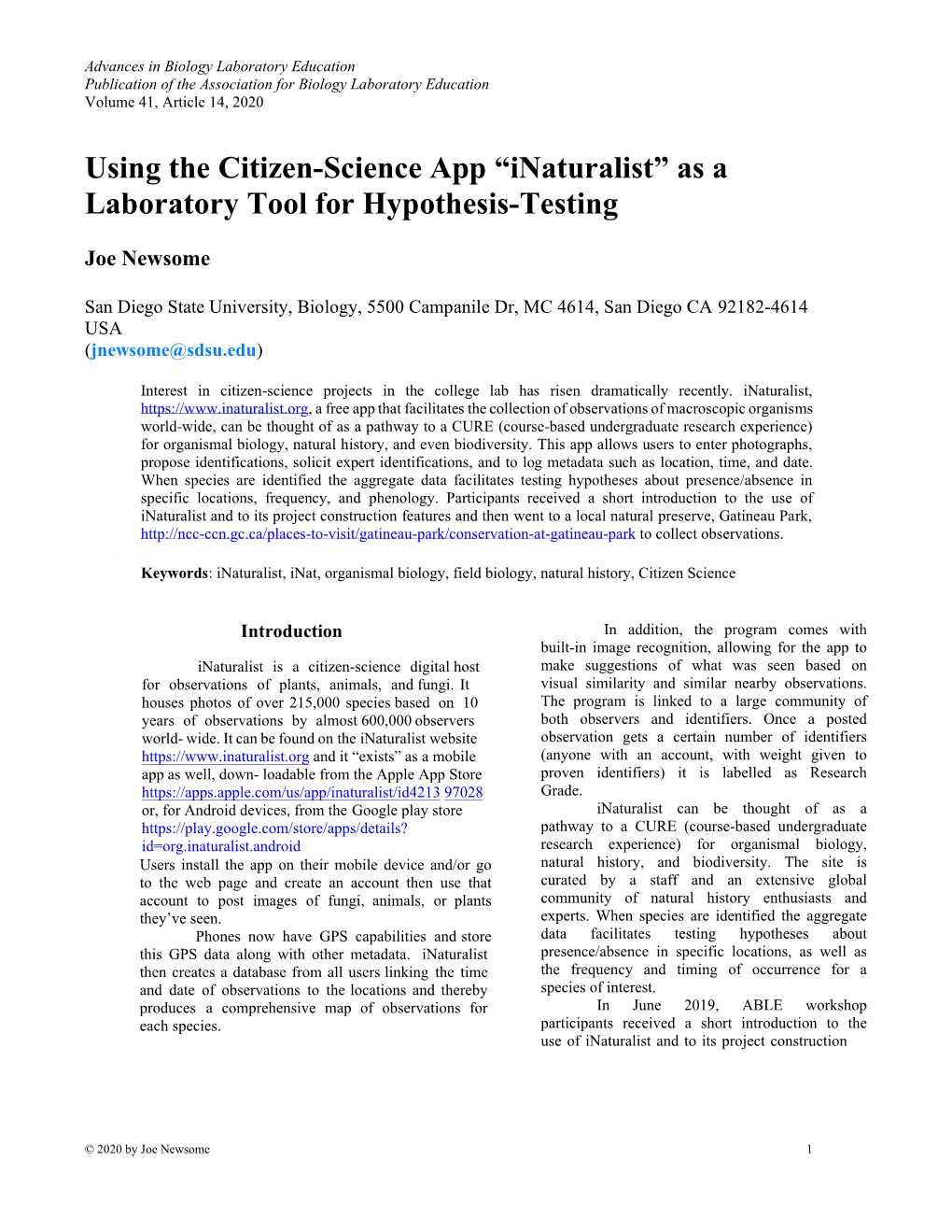 Using the Citizen-Science App “Inaturalist” As a Laboratory Tool for Hypothesis-Testing