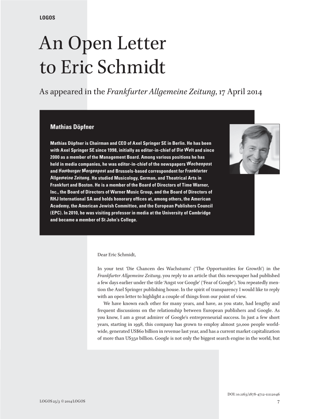 An Open Letter to Eric Schmidt As Appeared in the Frankfurter Allgemeine Zeitung, 17 April 2014