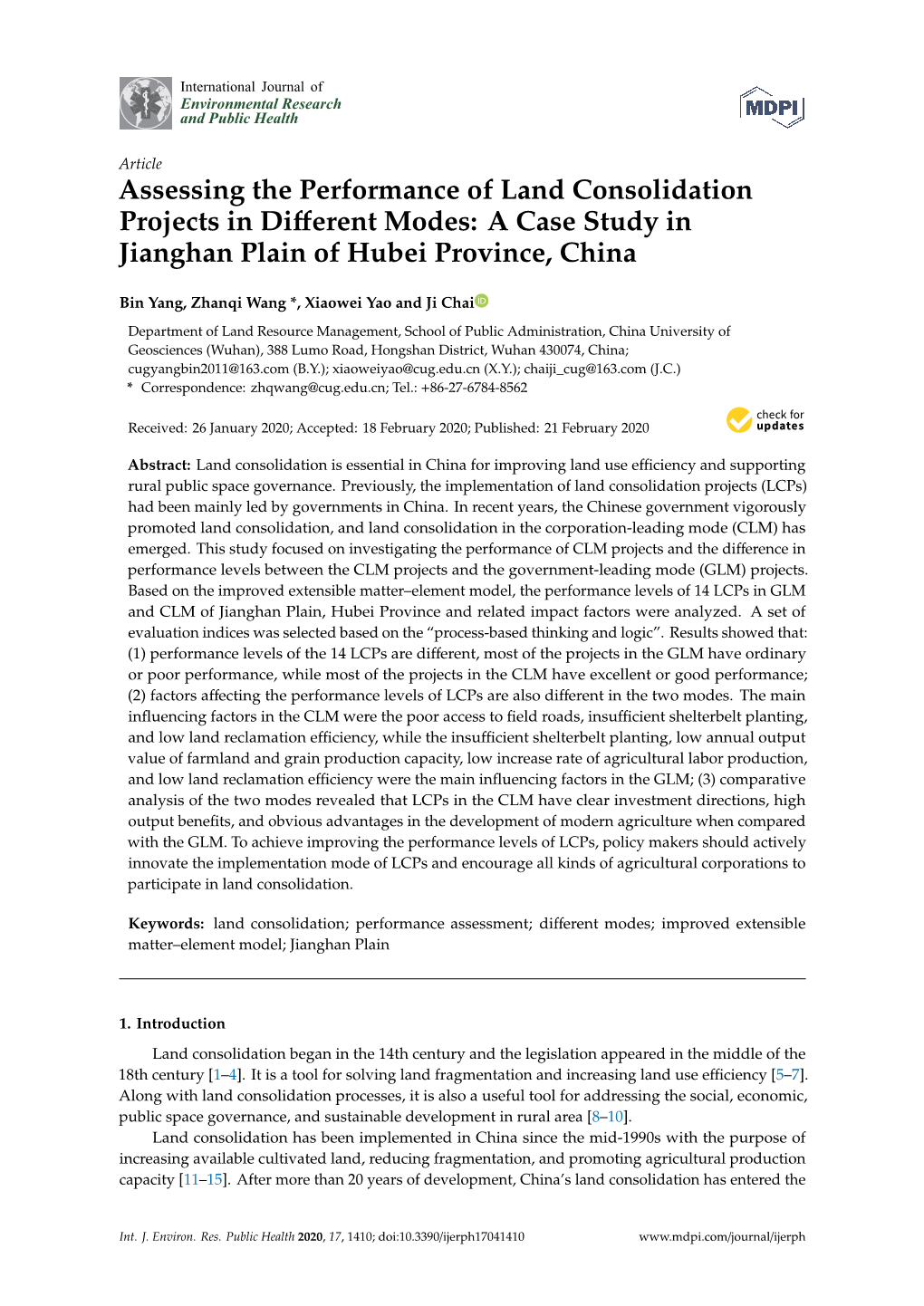 Assessing the Performance of Land Consolidation Projects in Different Modes: a Case Study in Jianghan Plain of Hubei Province, C