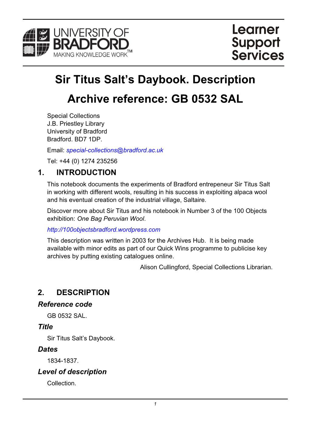 Sir Titus Salt's Daybook, Special Collections