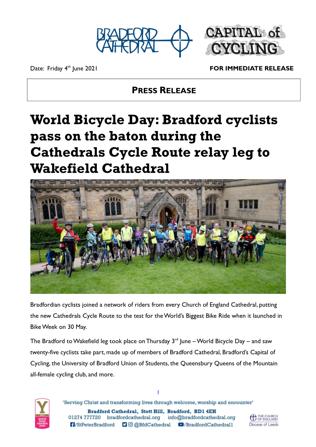 World Bicycle Day: Bradford Cyclists Pass on the Baton During the Cathedrals Cycle Route Relay Leg to Wakefield Cathedral