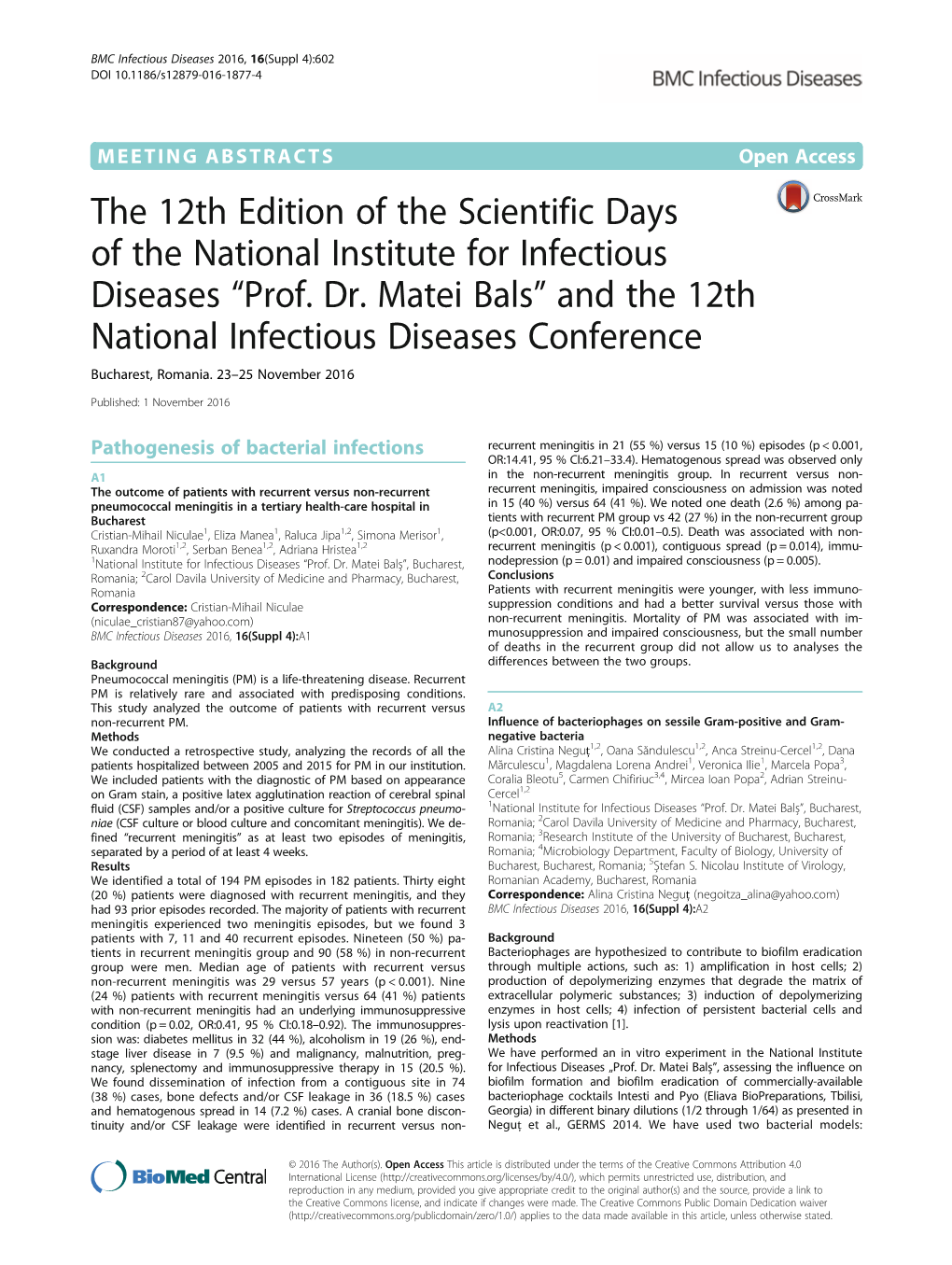 Prof. Dr. Matei Bals” and the 12Th National Infectious Diseases Conference Bucharest, Romania
