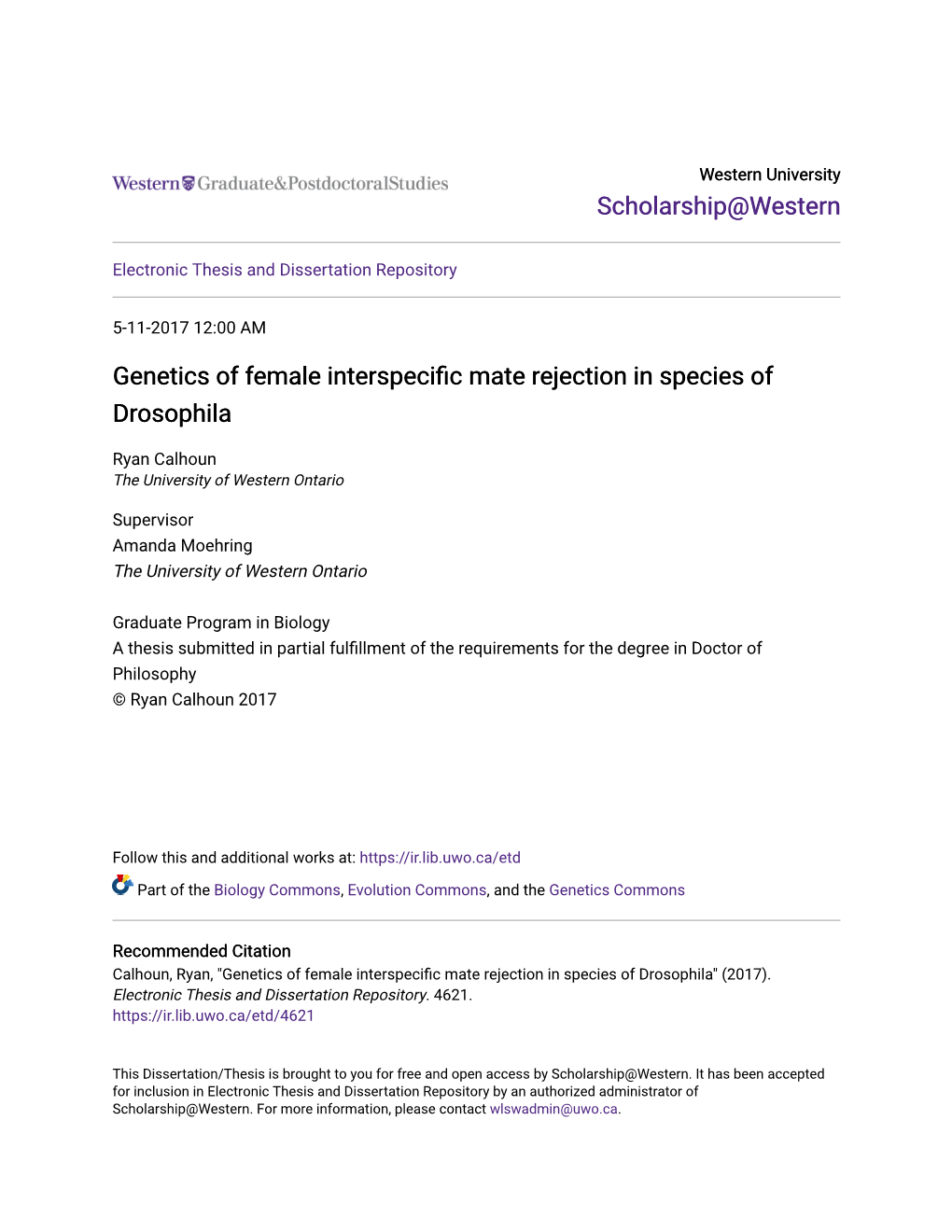 Genetics of Female Interspecific Mate Rejection in Species of Drosophila