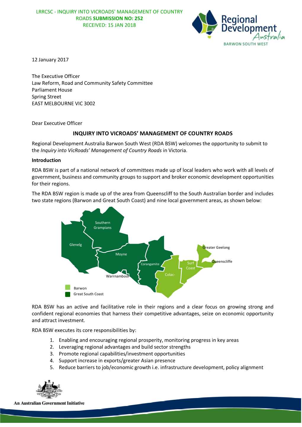 Inquiry Into Vicroads' Management of Country Roads Submission No: 252 Received: 15 Jan 2018