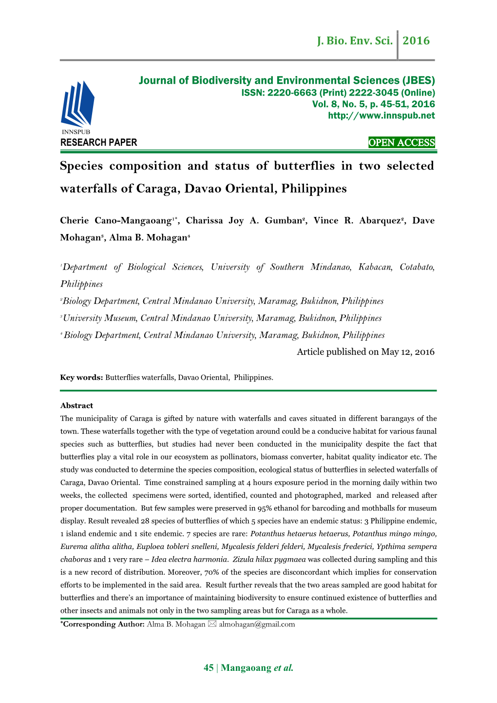 Species Composition and Status of Butterflies in Two Selected Waterfalls of Caraga, Davao Oriental, Philippines