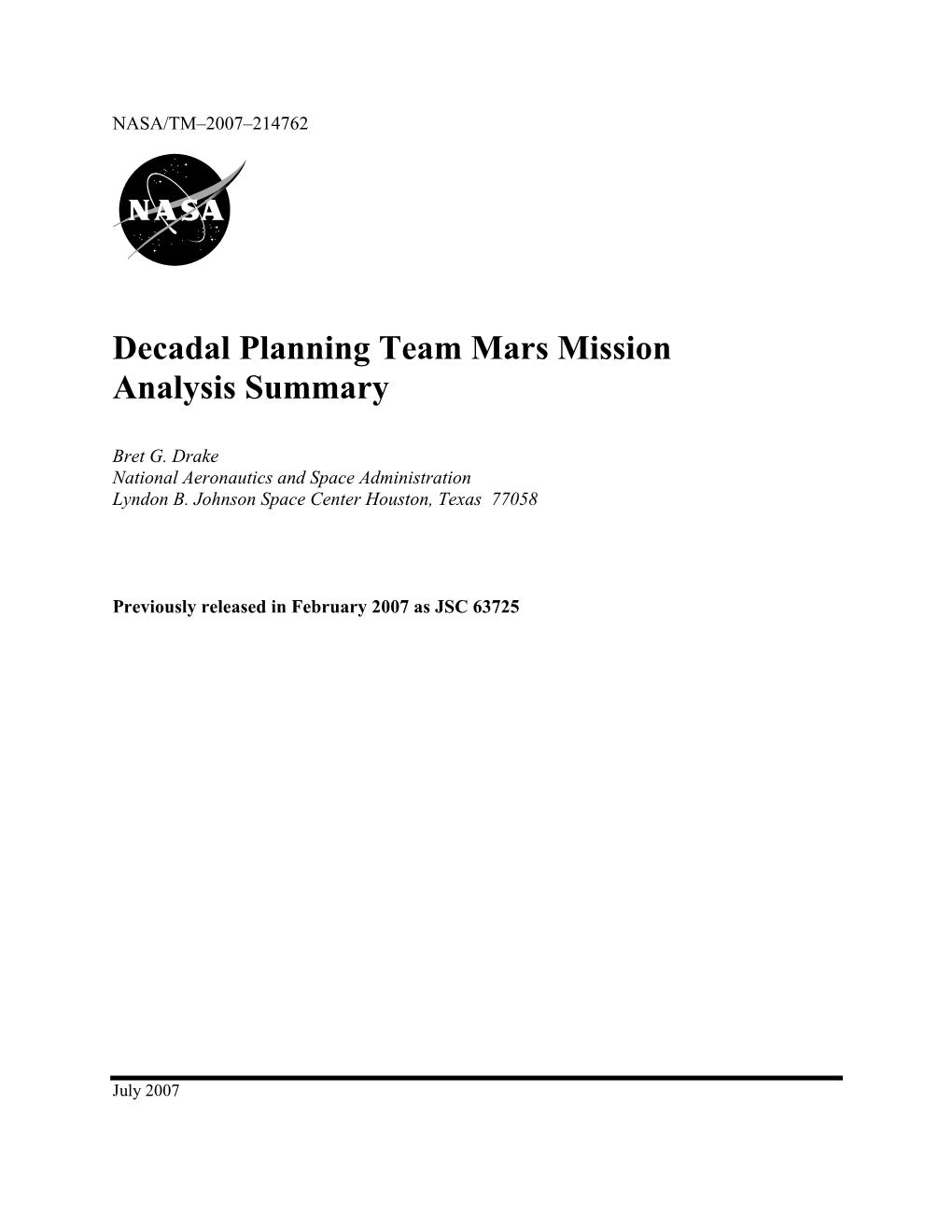 Decadal Planning Team Mars Mission Analysis Summary