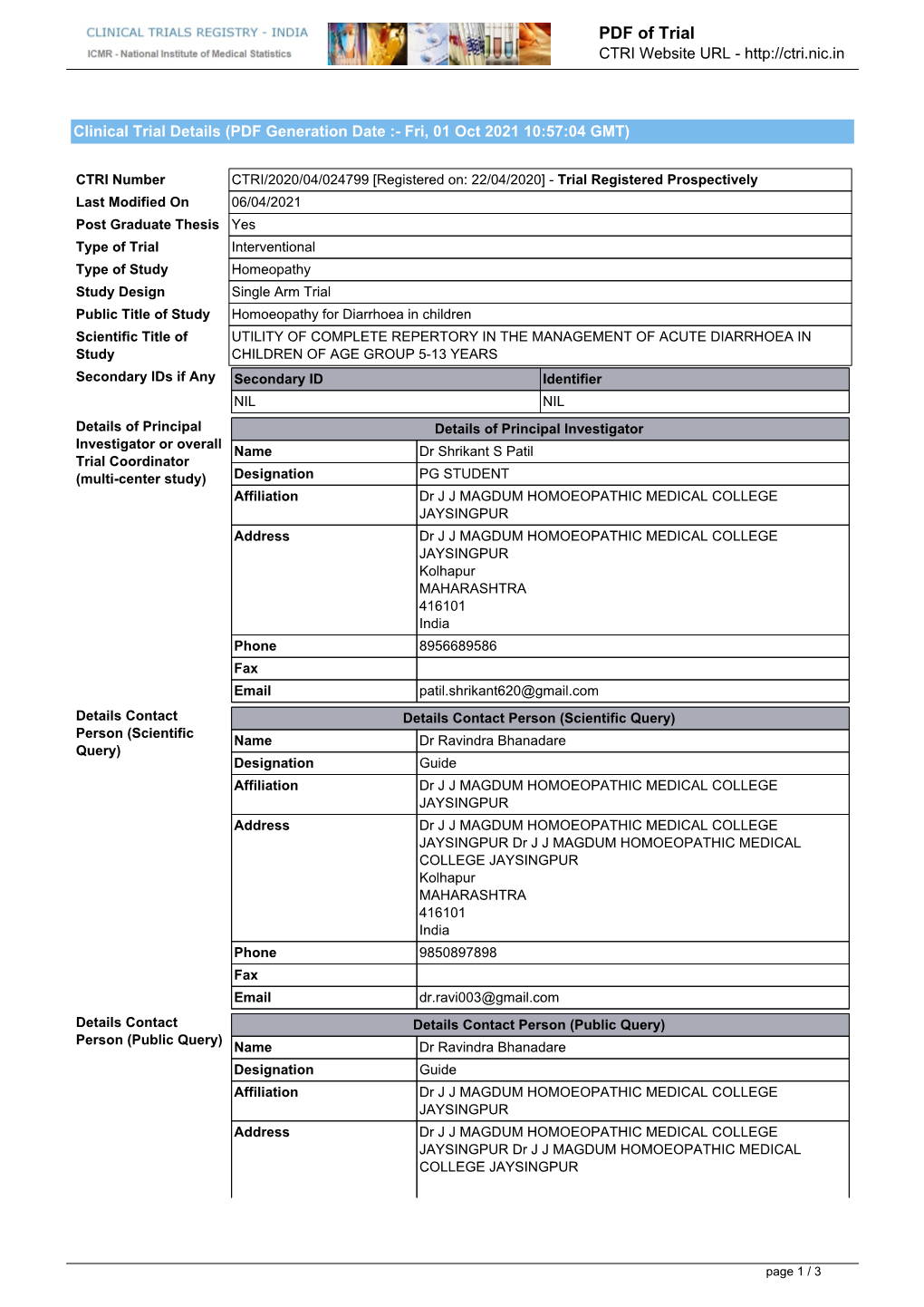 CTRI Trial Data