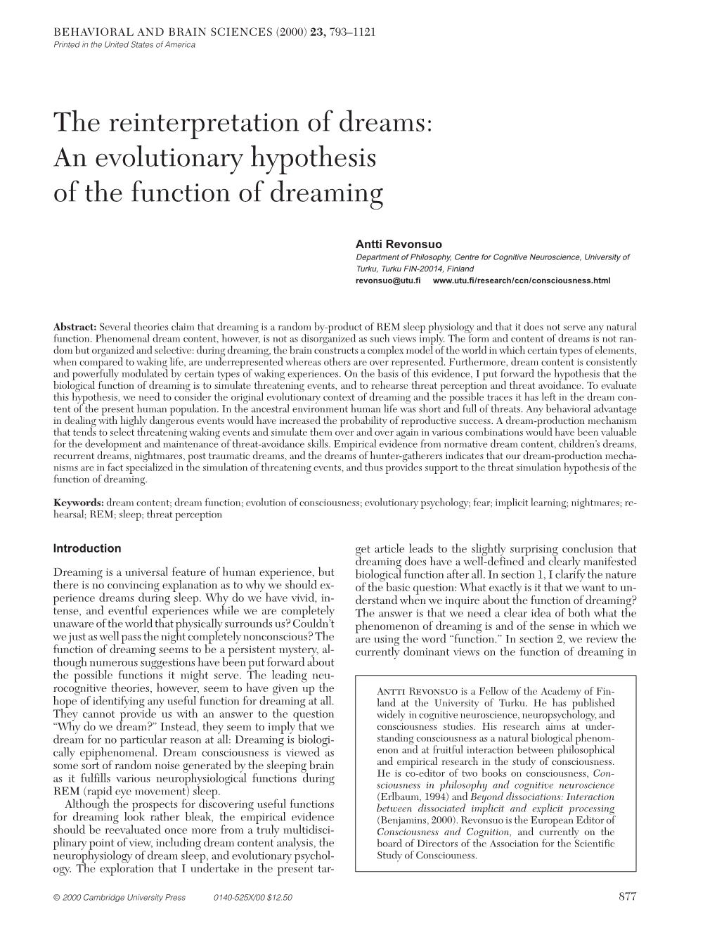 An Evolutionary Hypothesis of the Function of Dreaming