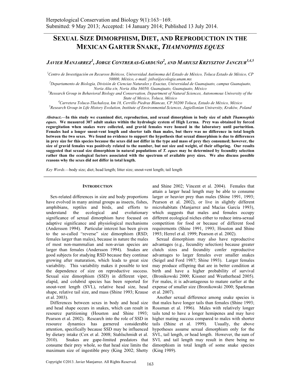 Sexual Size Dimorphism, Diet, and Reproduction in the Mexican Garter Snake, Thamnophis Eques