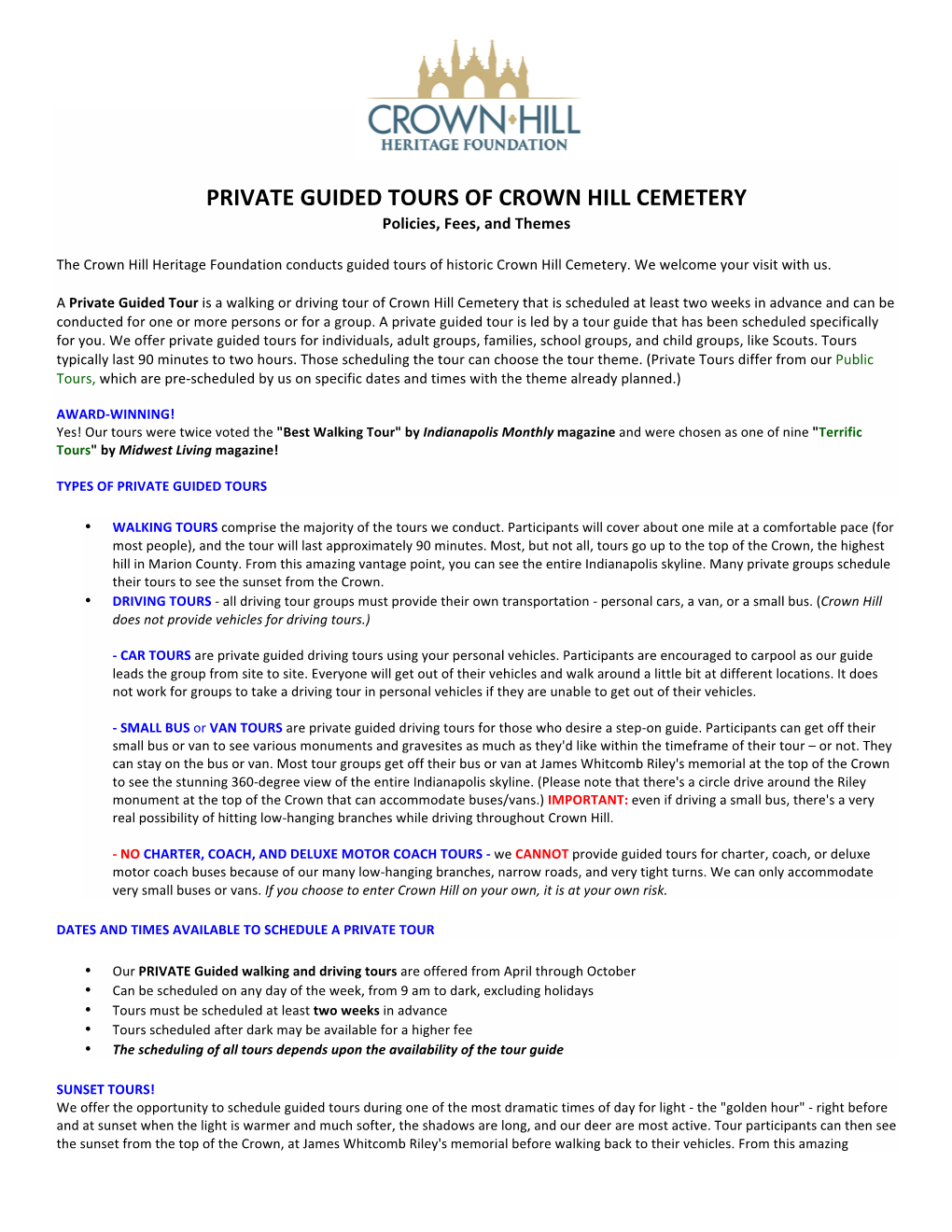 PRIVATE GUIDED TOURS of CROWN HILL CEMETERY Policies, Fees, and Themes
