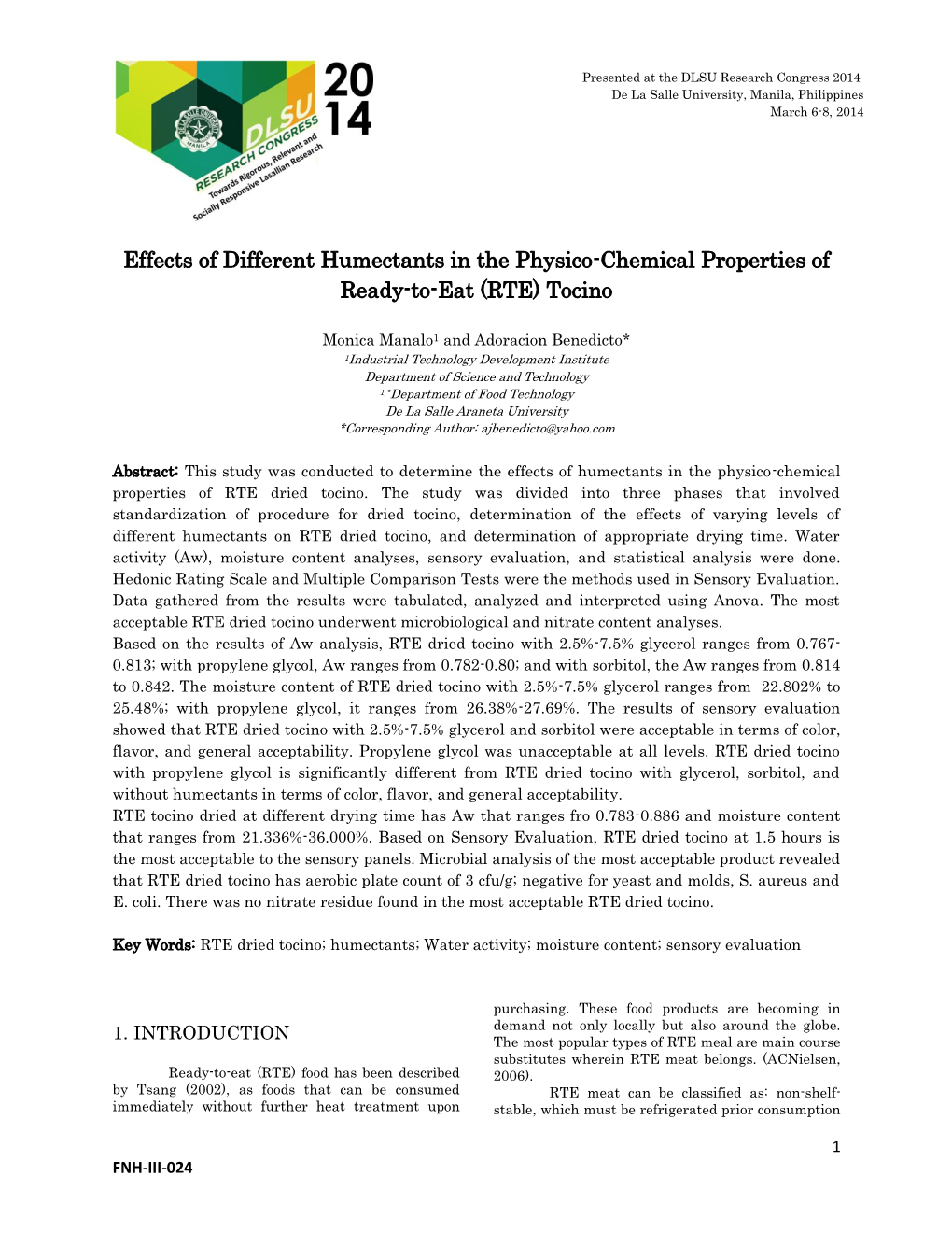 Effects of Different Humectants in the Physico-Chemical Properties of Ready-To-Eat (RTE) Tocino