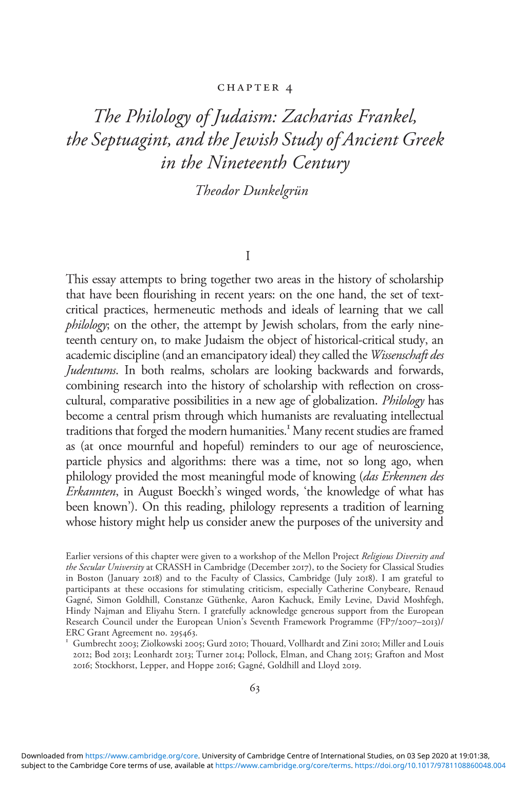 The Philology of Judaism: Zacharias Frankel, the Septuagint, and the Jewish Study of Ancient Greek in the Nineteenth Century Theodor Dunkelgrün