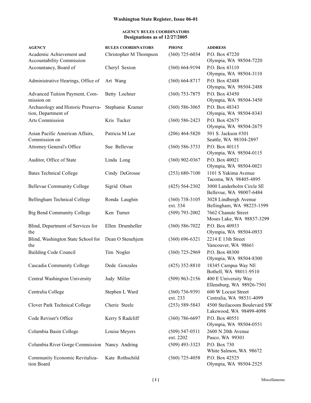 Washington State Register, Issue 06-01 Designations As of 12/27/2005 Academic Achievement and Accountability Commission Christop