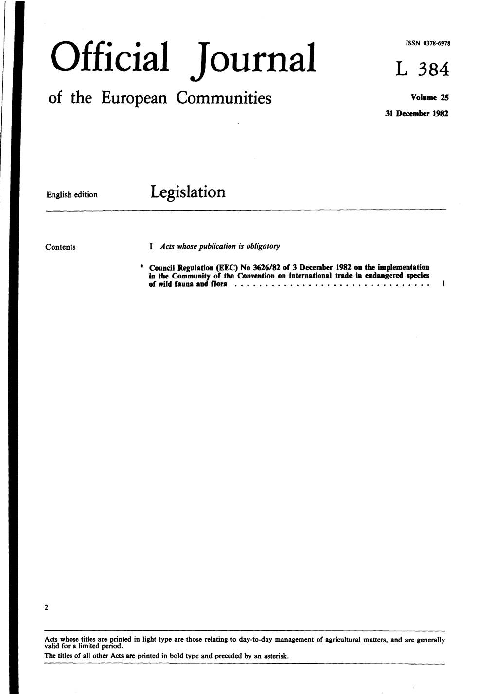 Official Journal L 384 of the European Communities Volume 25 31 December 1982