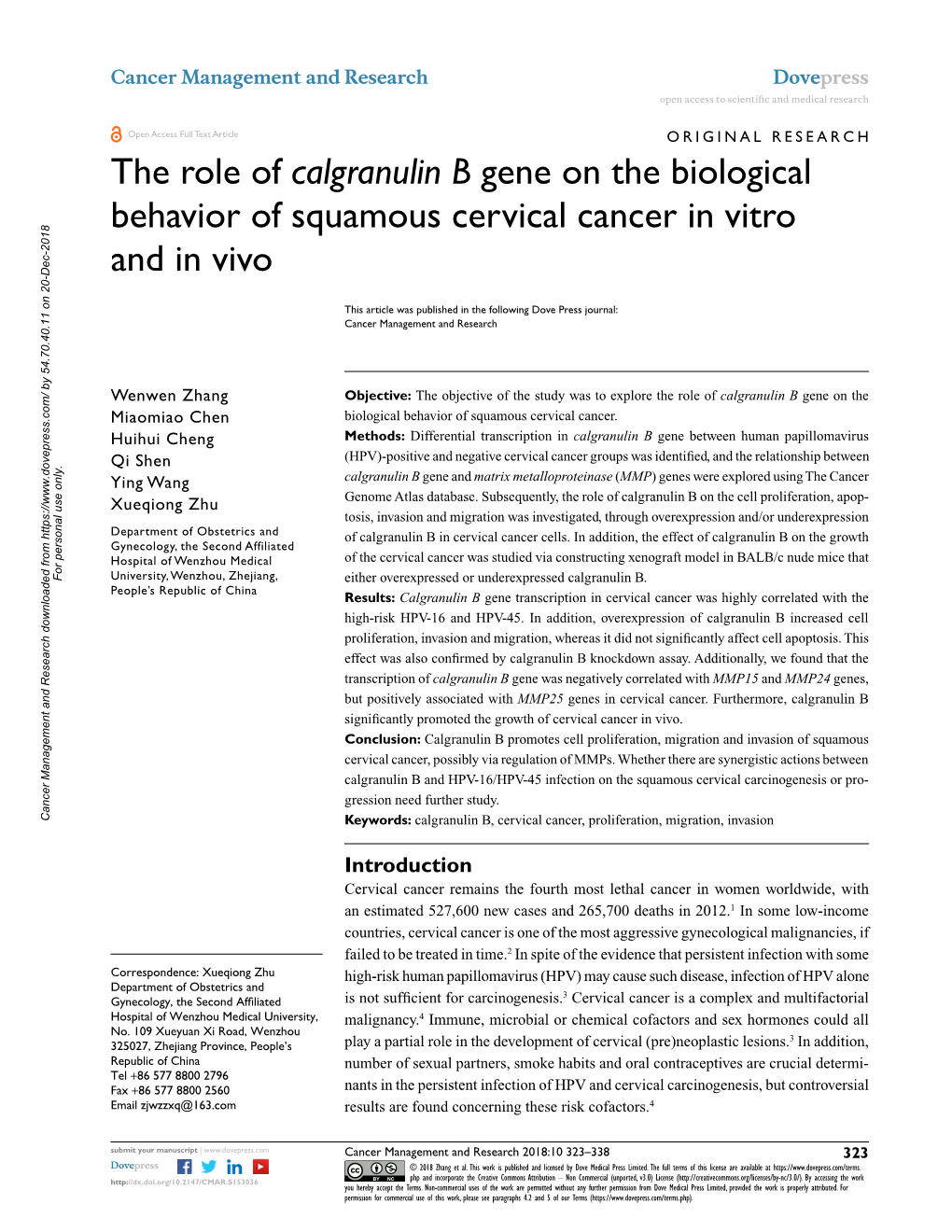 The Role of Calgranulin B Gene on the Biological Behavior of Squamous Cervical Cancer in Vitro and in Vivo