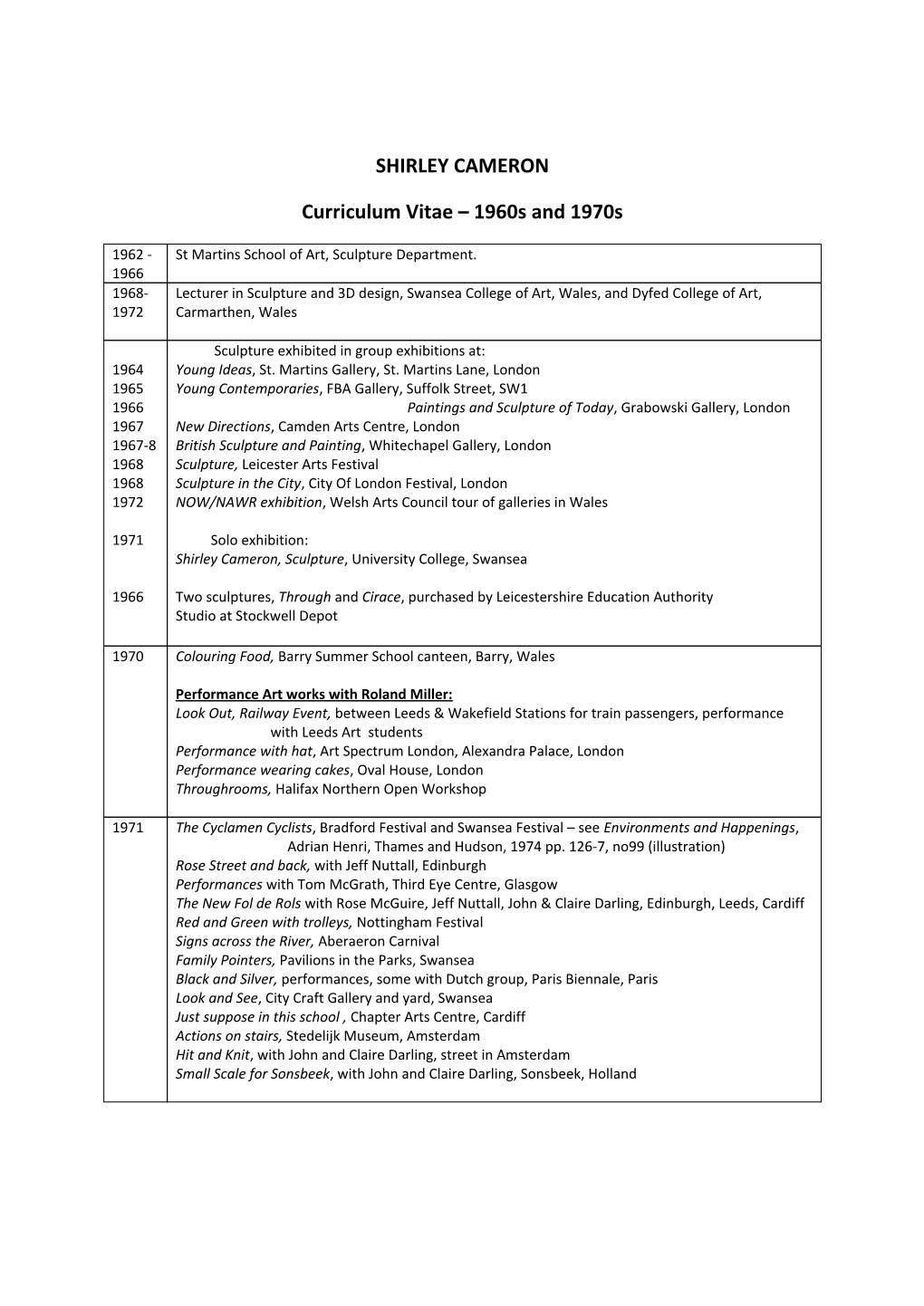 SHIRLEY CAMERON Curriculum Vitae – 1960S and 1970S