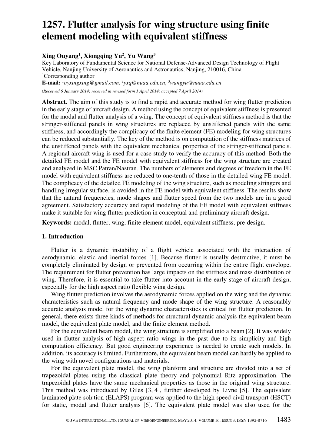 1257. Flutter Analysis for Wing Structure Using Finite Element Modeling with Equivalent Stiffness