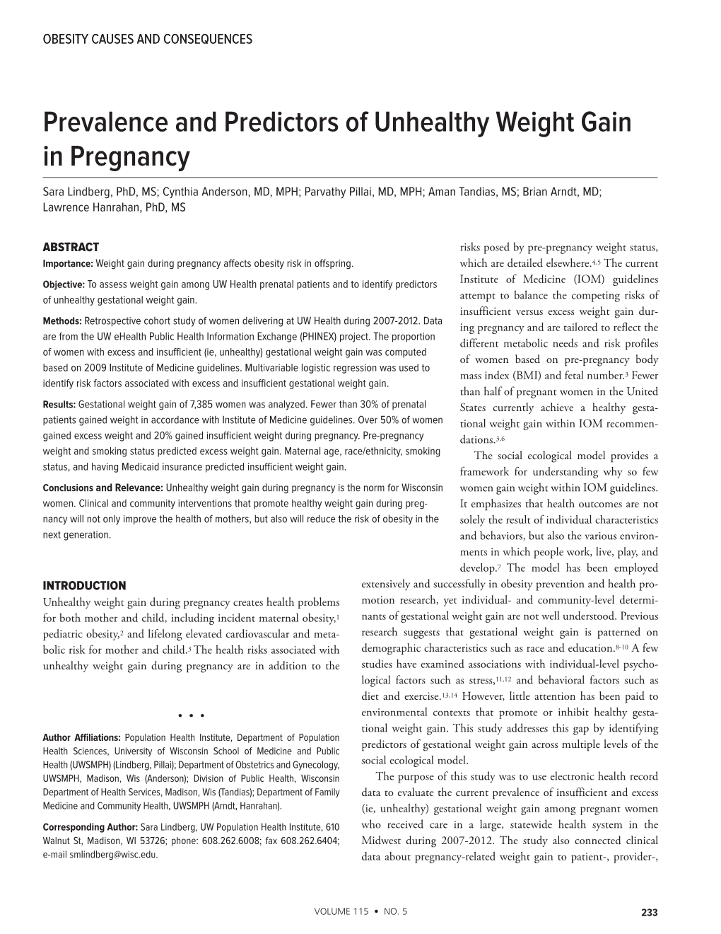 Prevalence and Predictors of Unhealthy Weight Gain in Pregnancy