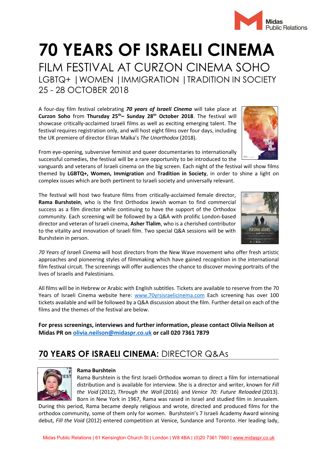 70 Years of Israeli Cinema Film Festival at Curzon Cinema Soho Lgbtq+ |Women |Immigration |Tradition in Society 25 - 28 October 2018