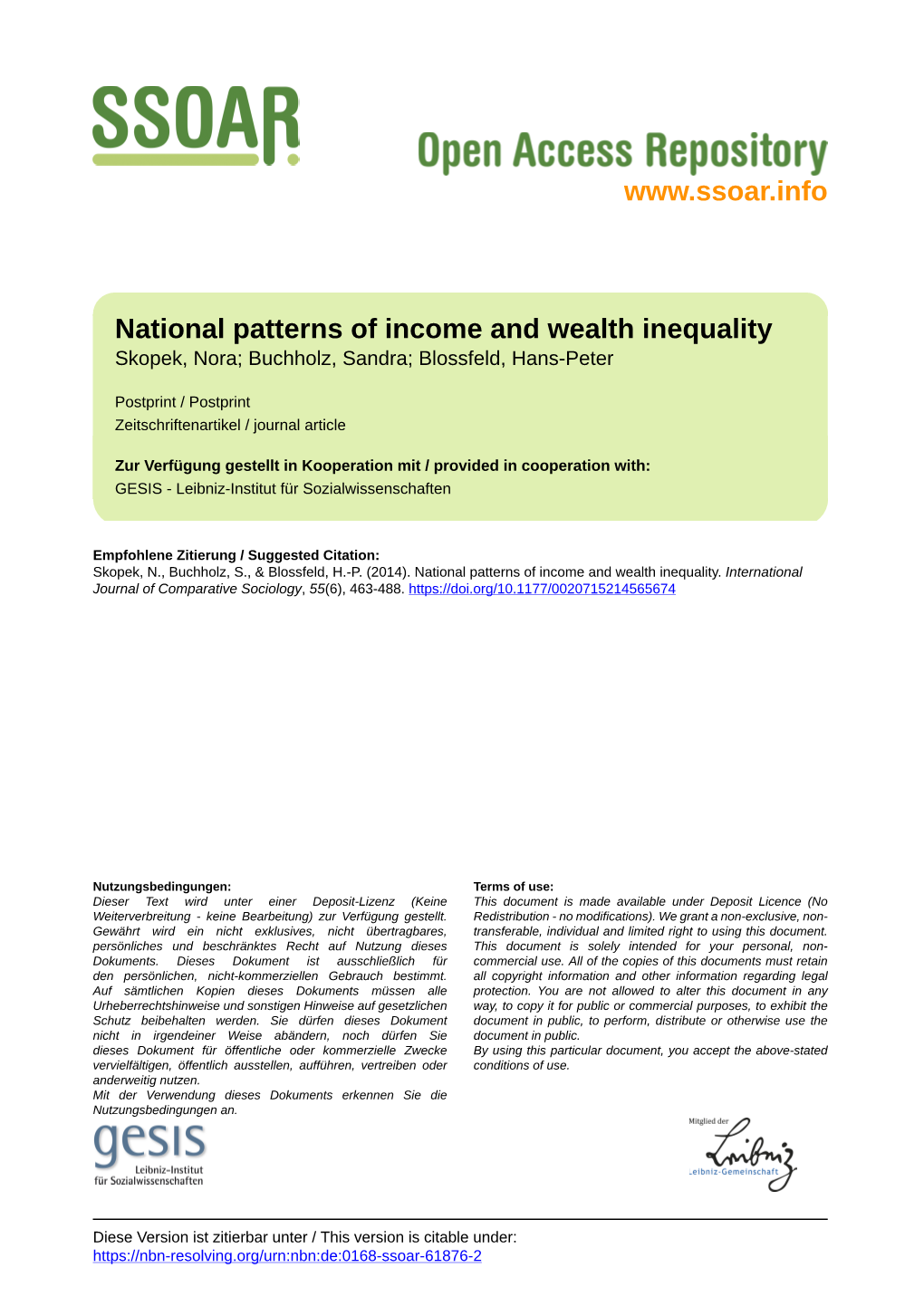 National Patterns of Income and Wealth Inequality Skopek, Nora; Buchholz, Sandra; Blossfeld, Hans-Peter