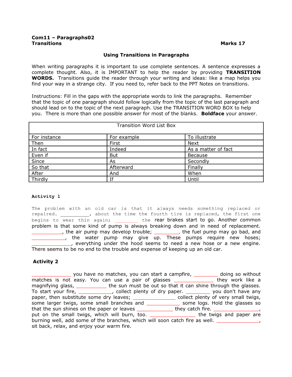 Using Transitions in Paragraphs