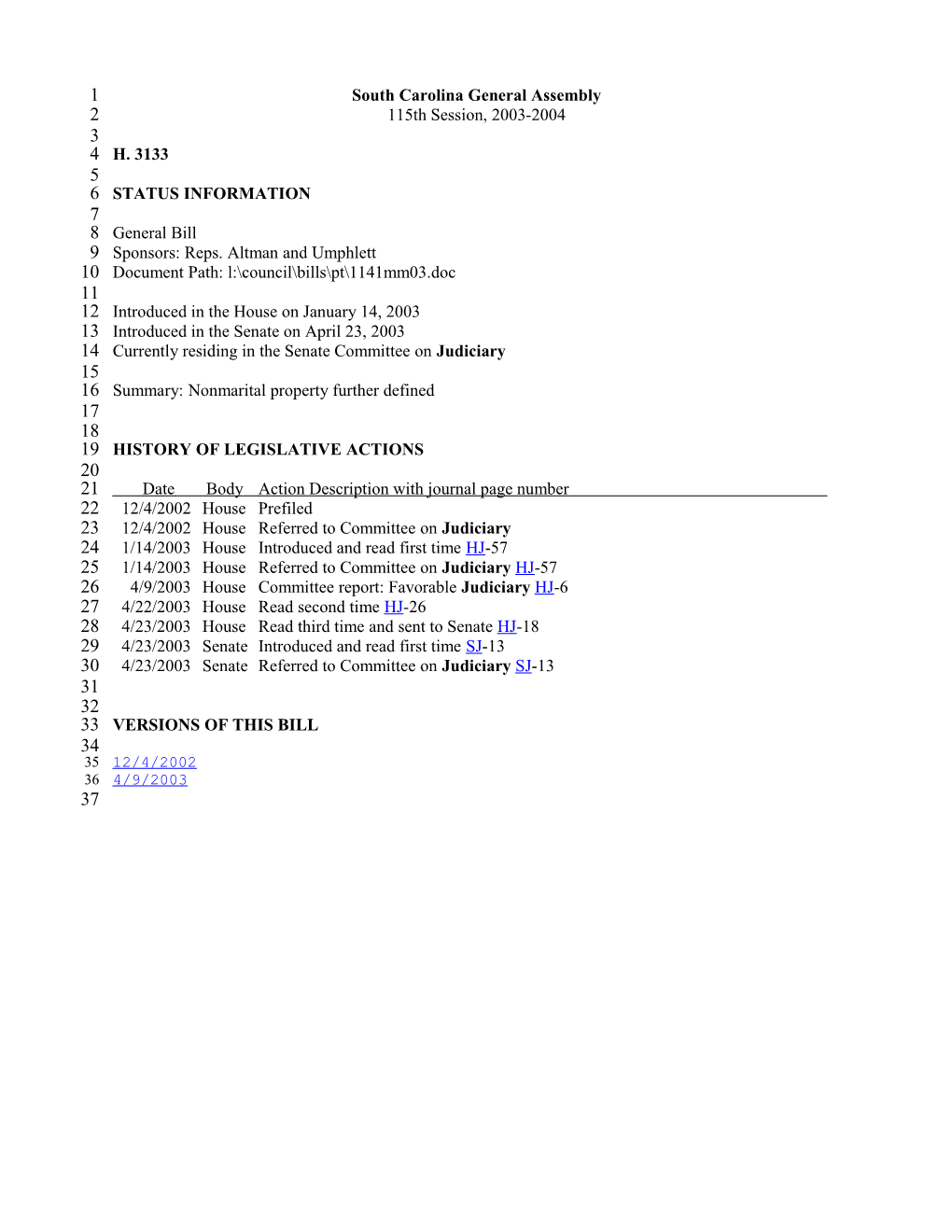 2003-2004 Bill 3133: Nonmarital Property Further Defined - South Carolina Legislature Online