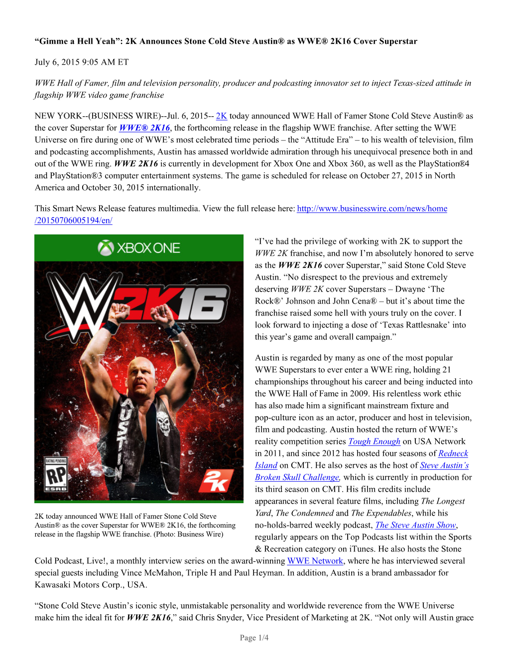 2K Announces Stone Cold Steve Austin® As WWE® 2K16 Cover Superstar