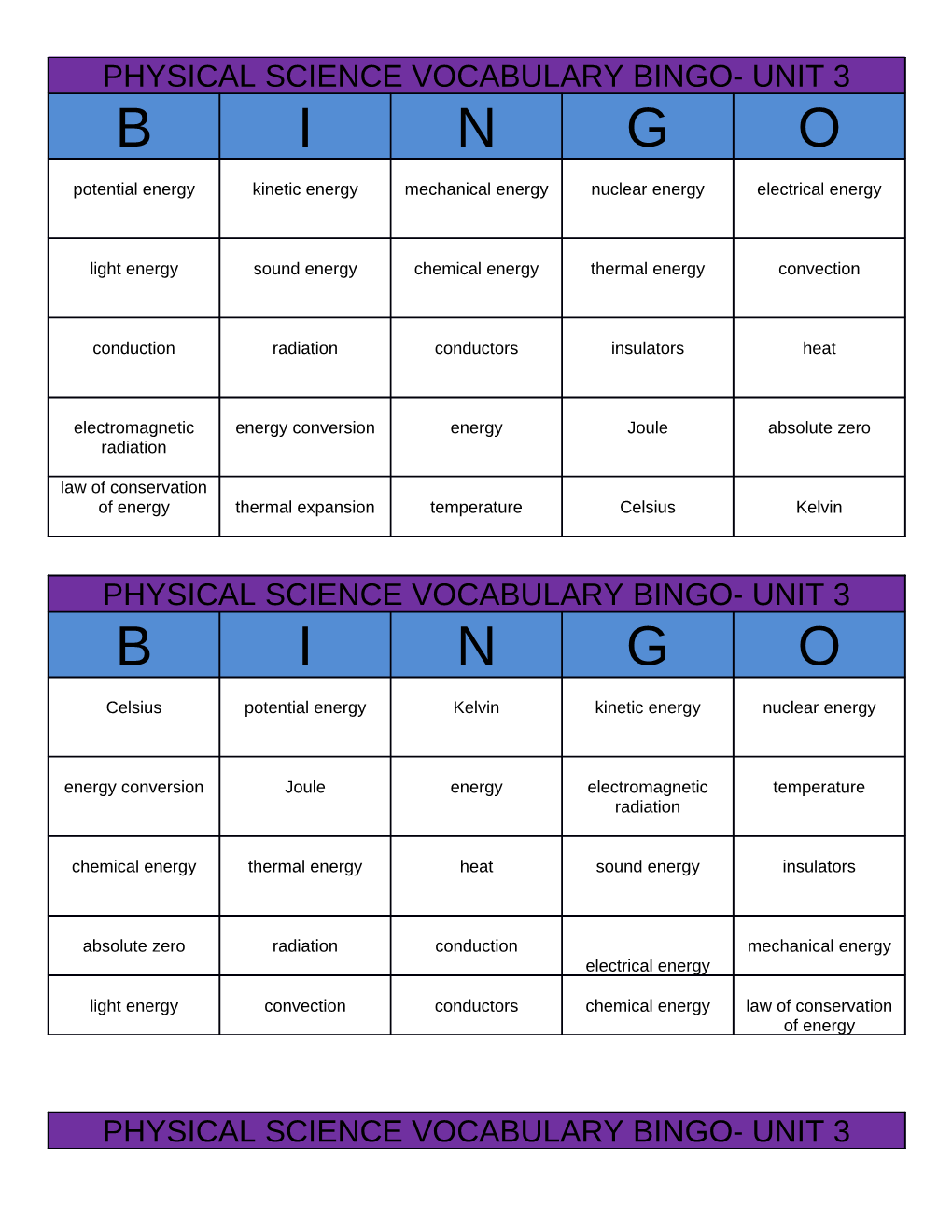 Definitions for BINGO Unit 3