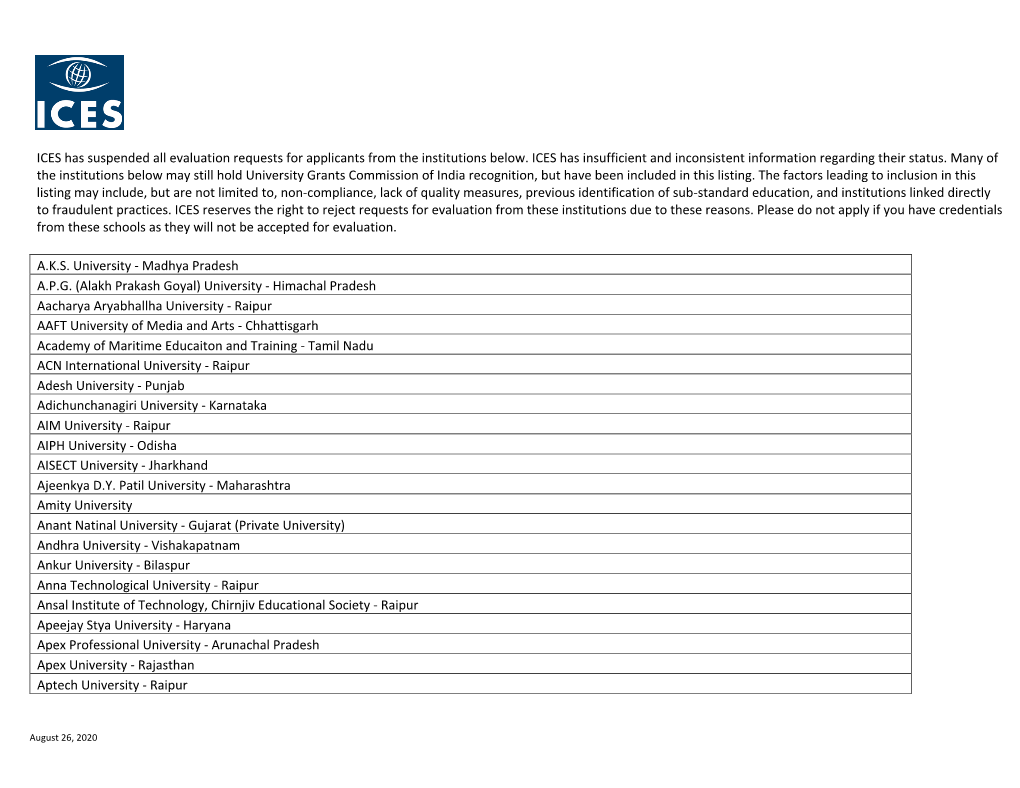 ICES Has Suspended All Evaluation Requests for Applicants from the Institutions Below