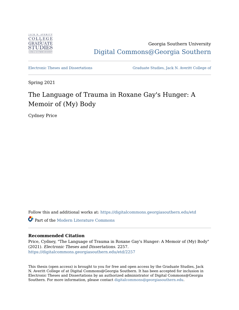 The Language of Trauma in Roxane Gay's Hunger: a Memoir of (My) Body