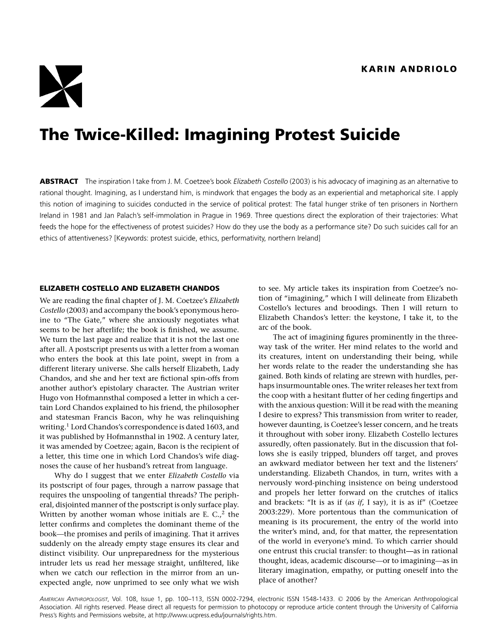 The Twice‐Killed: Imagining Protest Suicide