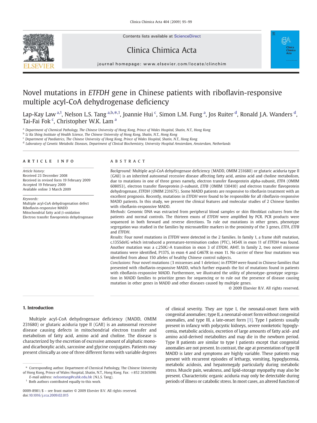 Novel Mutations in ETFDH Gene in Chinese Patients with Riboflavin-Responsive Multiple Acyl-Coa Dehydrogenase Deficiency